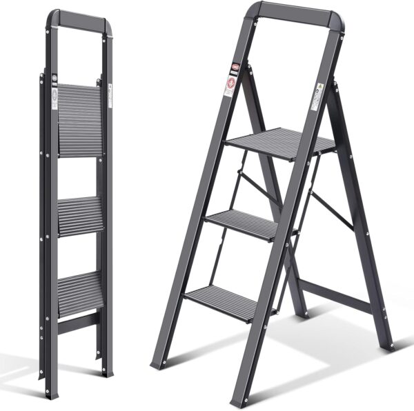 Scala Pieghevole Kingrack Alluminio 3 Gradini Sicurezza Casa-0