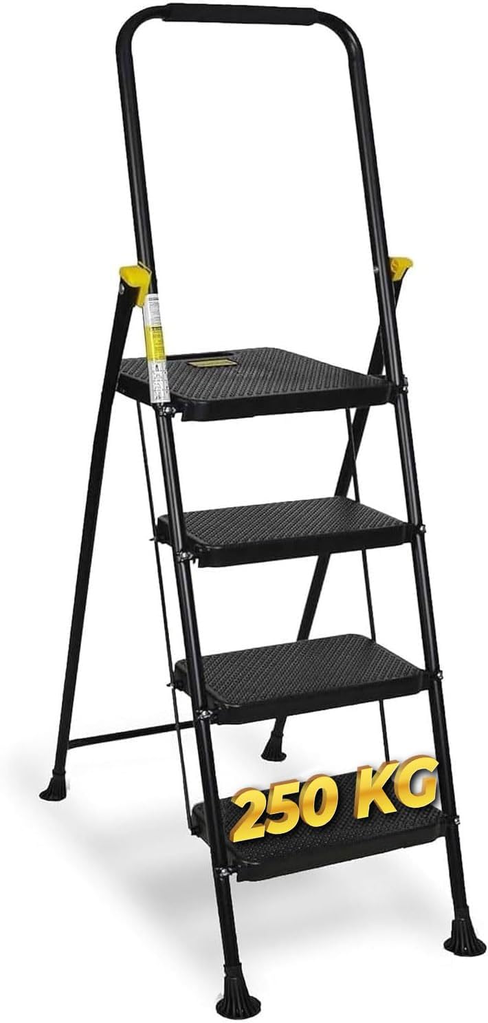 Scala pieghevole HYTAMA TOOLS acciaio 4 gradini ripiegata e riposta in uno stretto spazio tra mobile e muro