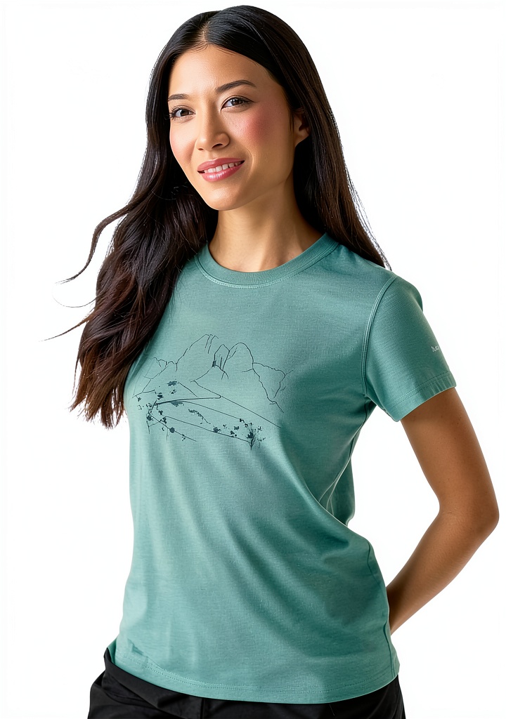 T-shirt Regatta donna verde maniche corte cotone mostrata su una strada cittadina in primavera