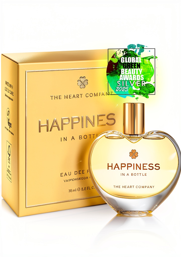 'Flacone a cuore di Happiness in a Bottle su un tavolo elegante'