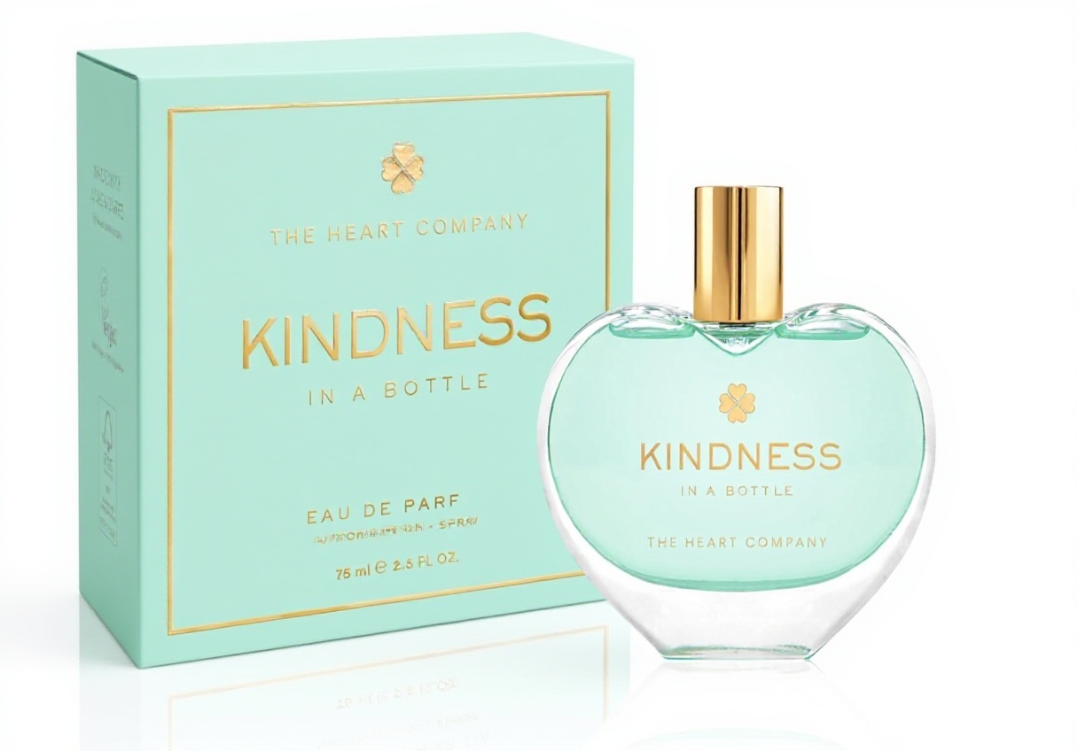 'Flacone profumo KINDNESS a forma di cuore su sfondo neutro'
