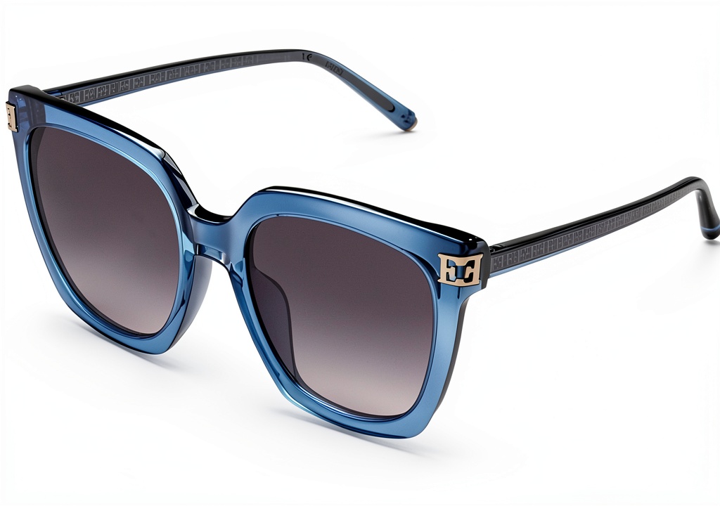 Occhiali da sole Escada Shiny Transp Azure indossati da una donna in un ambiente urbano