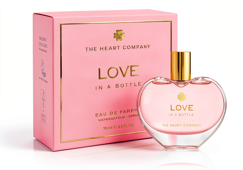 'Flacone a cuore di Love in a bottle su uno sfondo elegante'