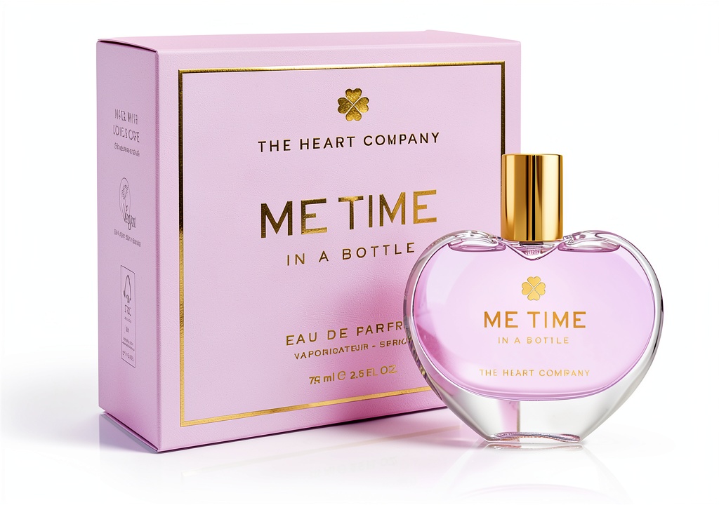 'Flacone a cuore del profumo ME TIME su uno sfondo neutro'