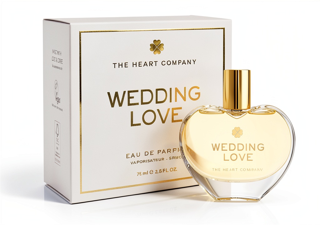 'Flacone a cuore di WEDDING LOVE Profumo su sfondo elegante'